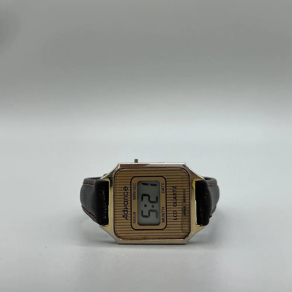 Vintage Advance Womens Watch 23mm Gold LCD Digital Black Leather New Battery